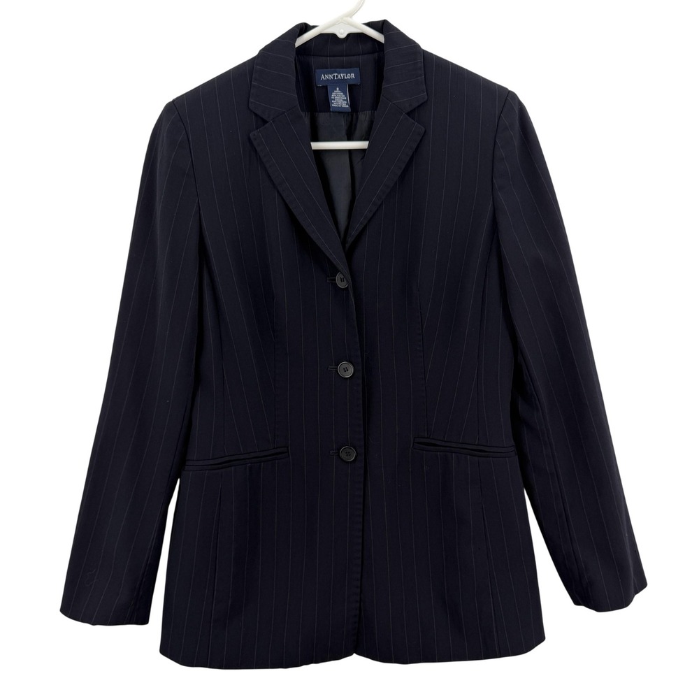Ann Taylor Blazer Womens 2 Black Pinstripe Wool Blend 3 Button Lined Notch Lapel